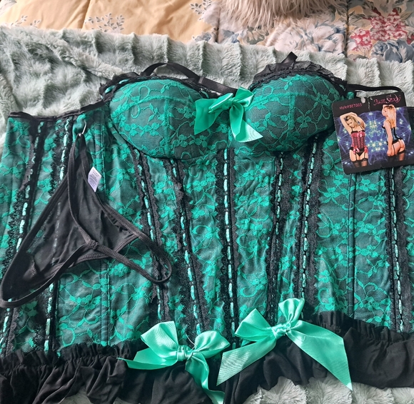 JUST SEXY intimate Emerald lace bustier thong corset garter straps lingerie LG - Picture 6 of 7